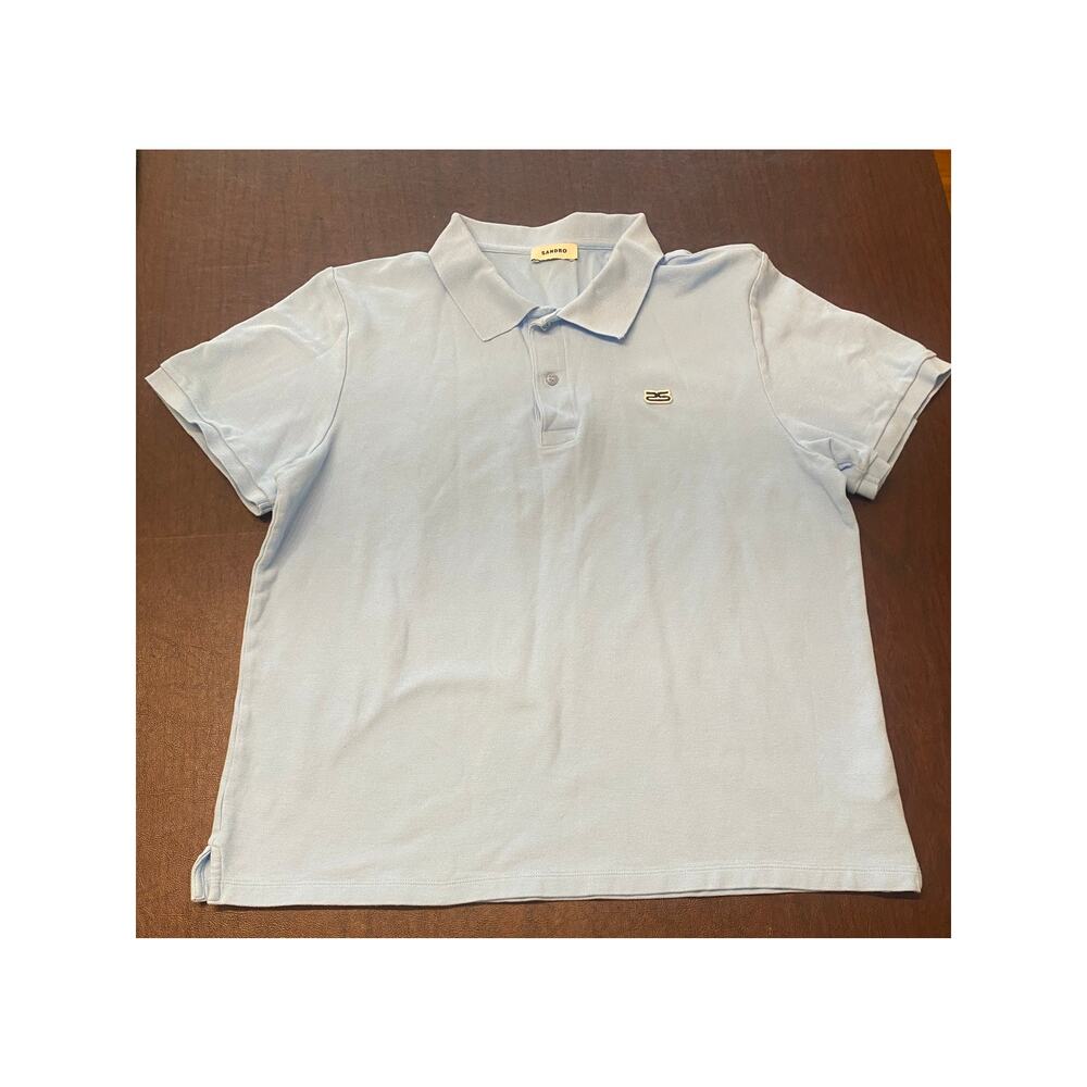 Sandro Light Blue 100% Cotton Pique Polo Shirt‎ Mens Large Logo Classic Preppy